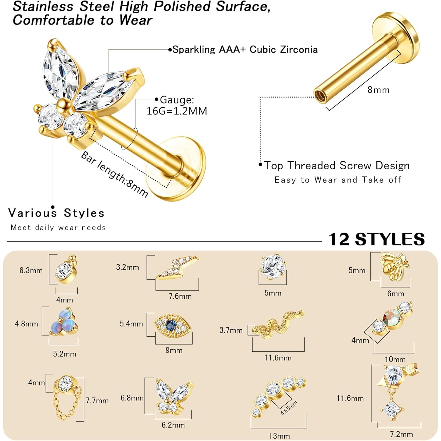 Bobisty 1Pc Cartilage Earrings - Body Jewelry Flat Back のレビューと価格